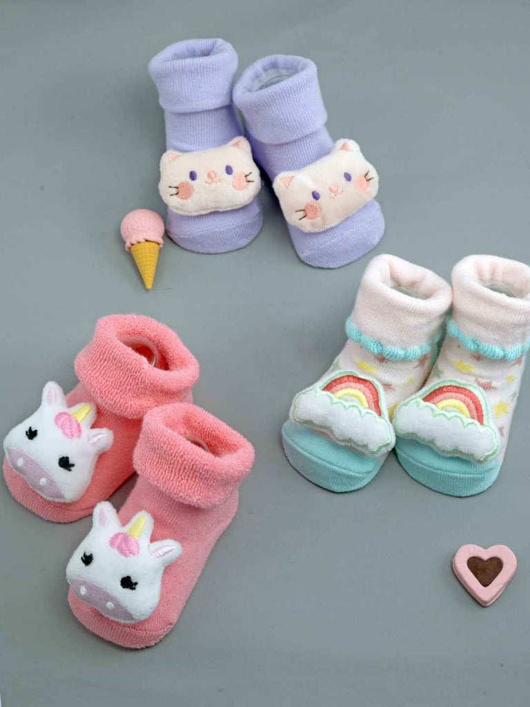 Soft & Sparkly Baby Socks – 3D Plush Rainbow, Cat, and Unicorn Designs in Pastel Tones- Creative view