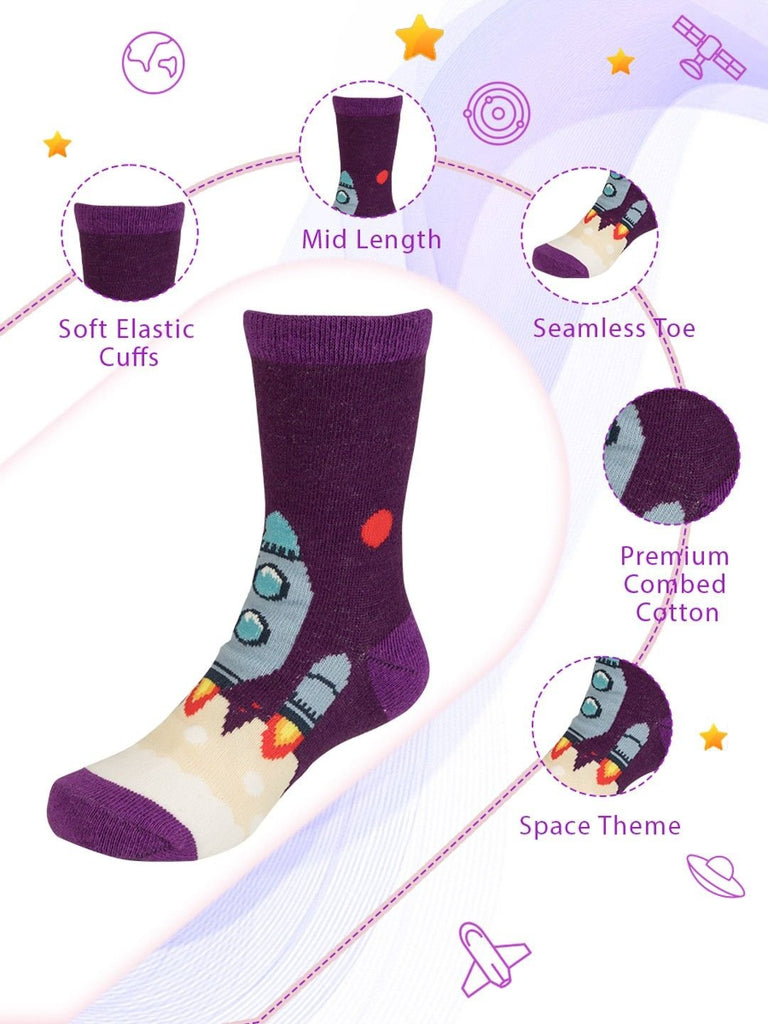 Multi-color view of Yellow Bee Space Adventure Socks for Kids showcasing the vibrant space-themed designs