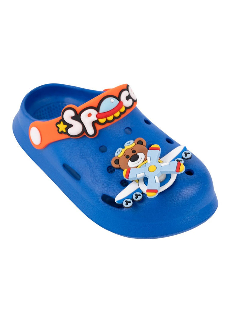 Space Adventure Theme Clogs with Rotating Pilot Bear & Airplane Charms for Boys – Blue-Angle View