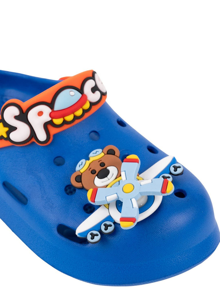 Space Adventure Theme Clogs with Rotating Pilot Bear & Airplane Charms for Boys – Blue-Close up view