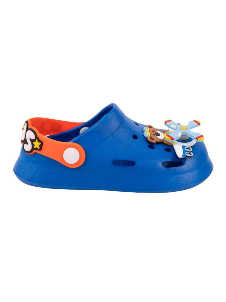 Space Adventure Theme Clogs with Rotating Pilot Bear & Airplane Charms for Boys – Blue-Side View