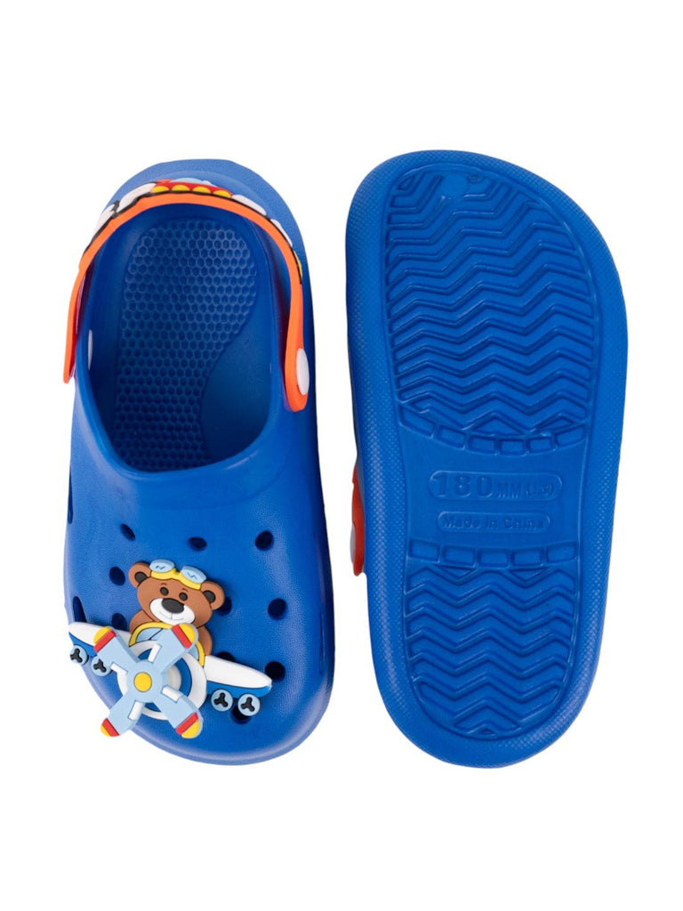 Space Adventure Theme Clogs with Rotating Pilot Bear & Airplane Charms for Boys – Blue-Front & Back View