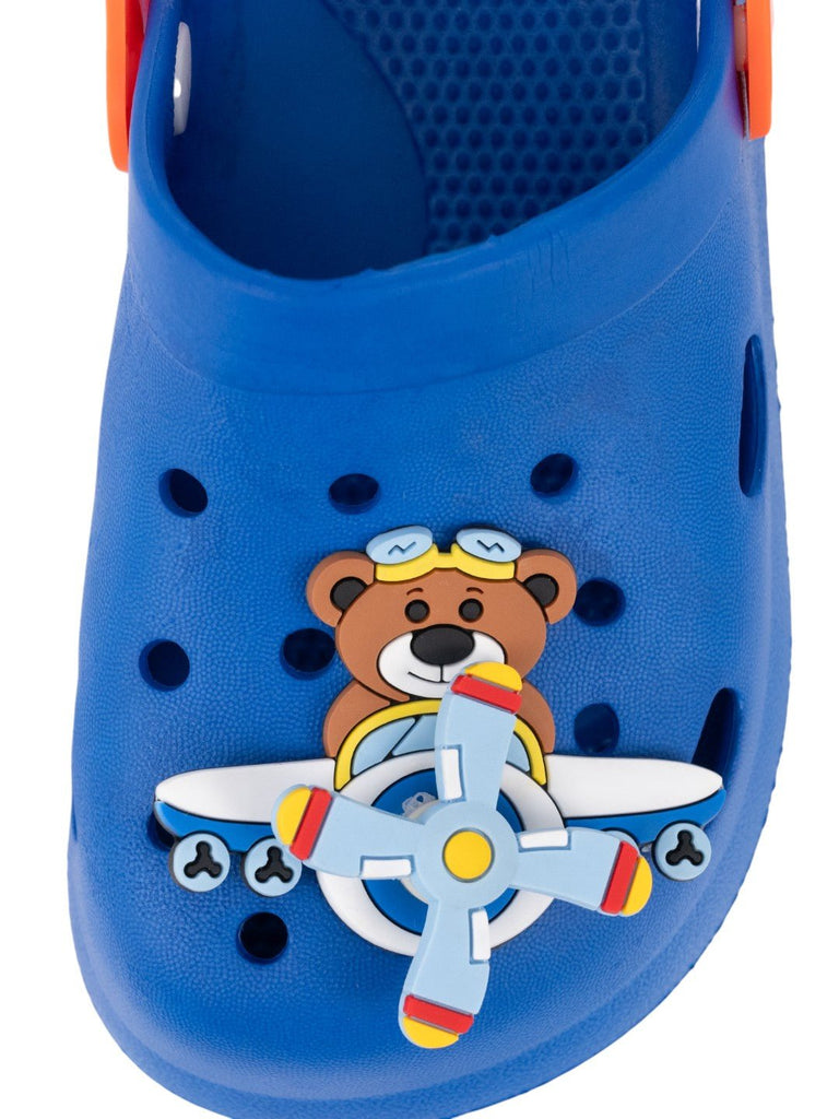 Space Adventure Theme Clogs with Rotating Pilot Bear & Airplane Charms for Boys – Blue-Front view