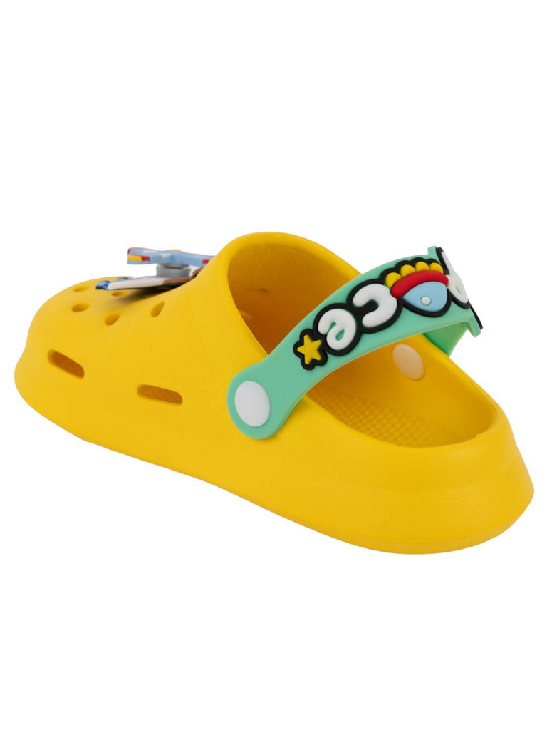 Space Adventure Theme Clogs with Rotating Pilot Bear & Airplane Charms for Boys – Yellow-Back View