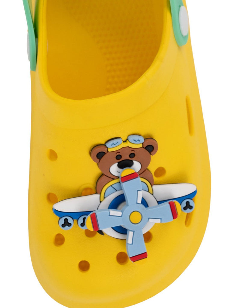 Space Adventure Theme Clogs with Rotating Pilot Bear & Airplane Charms for Boys – Yellow-Front View