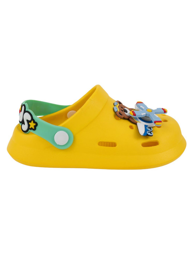 Space Adventure Theme Clogs with Rotating Pilot Bear & Airplane Charms for Boys – Yellow-Side View