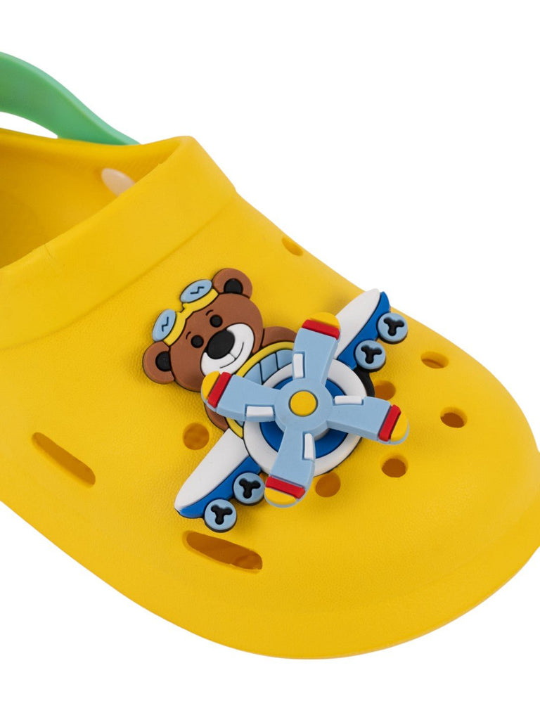 Space Adventure Theme Clogs with Rotating Pilot Bear & Airplane Charms for Boys – Yellow-Close up view