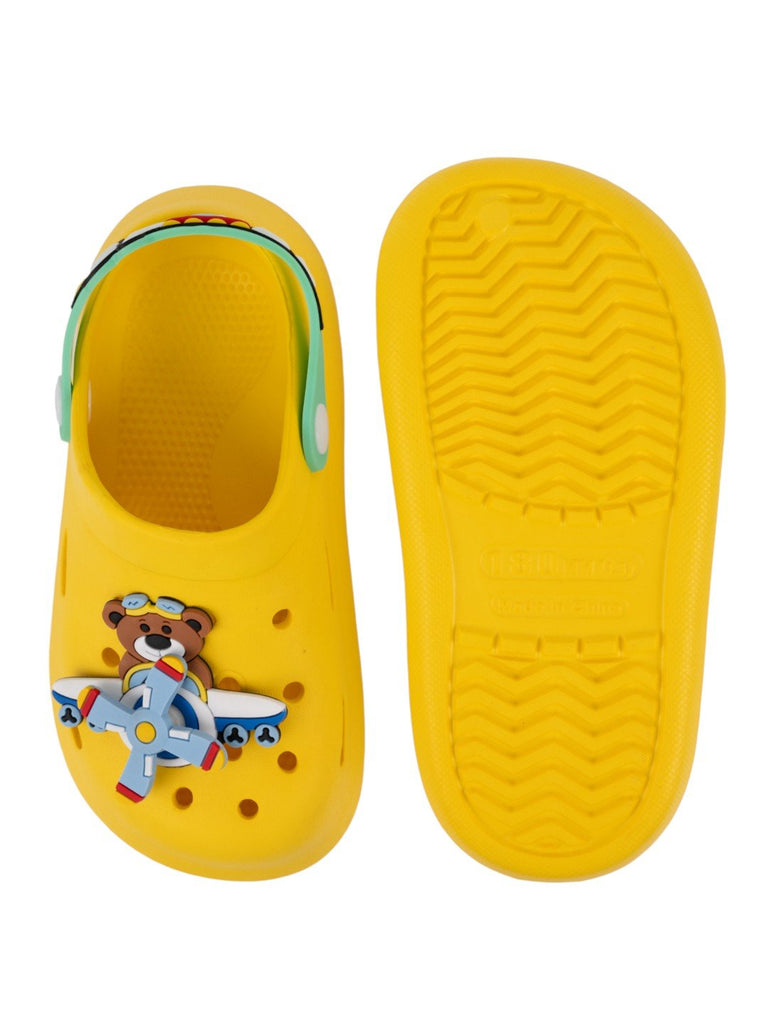 Space Adventure Theme Clogs with Rotating Pilot Bear & Airplane Charms for Boys – Yellow-Front & Back View