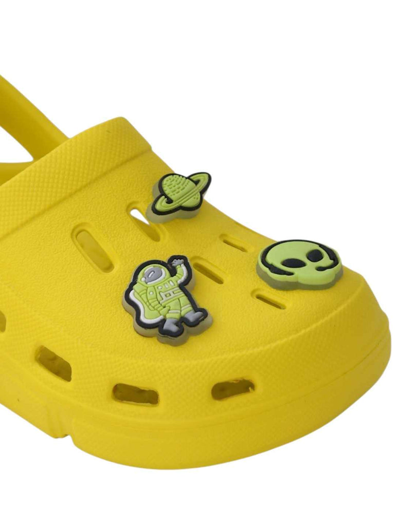 Space Explorer Glow-in-the-Dark Alien & Space Charms Clogs for Boys-Yellow-Close up view