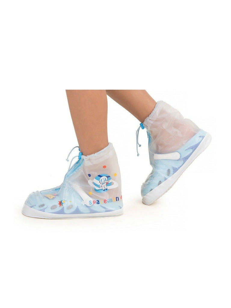 Front and back view of Yellow Bee Space Explorer Transparent Rain Shoe Covers for Boys.