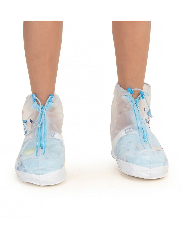 Front view of Yellow Bee Space Explorer Transparent Rain Shoe Covers for Boys.