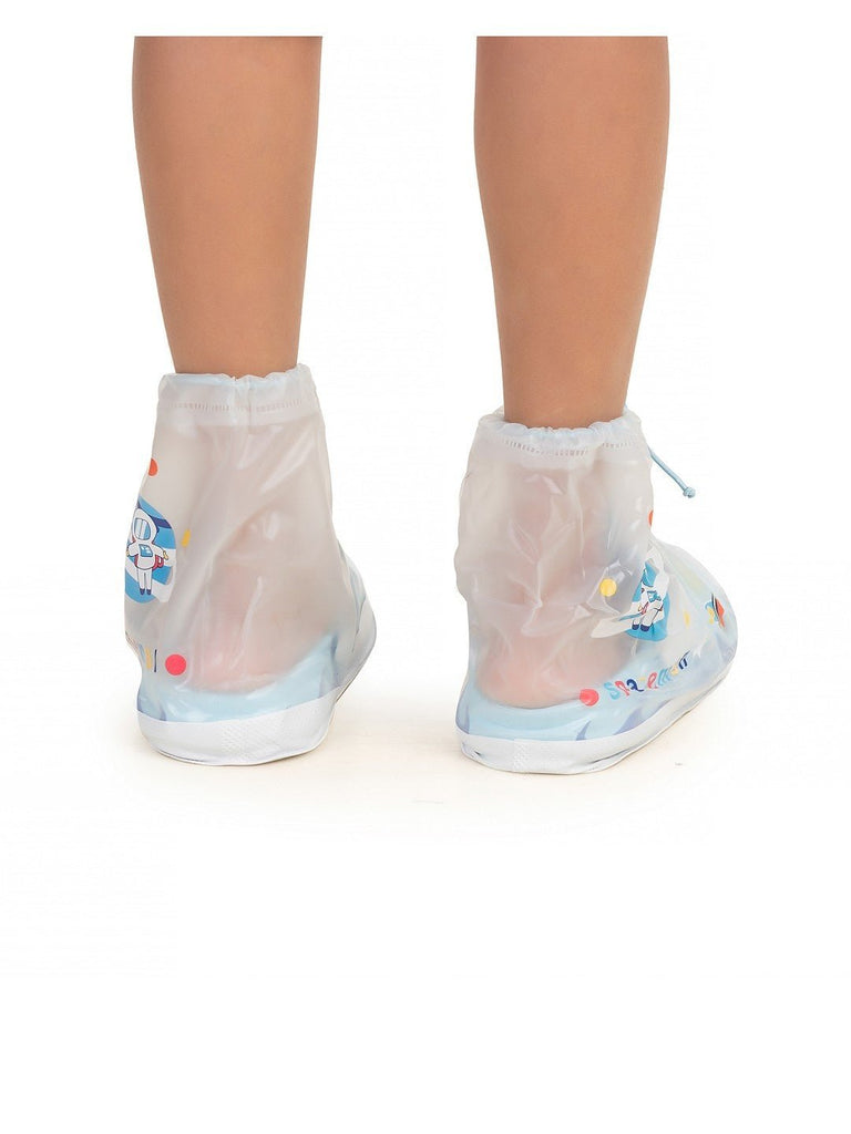 Back view of Yellow Bee Space Explorer Transparent Rain Shoe Covers for Boys.