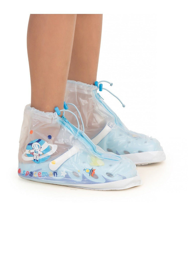 Side view of Yellow Bee Space Explorer Transparent Rain Shoe Covers for Boys.