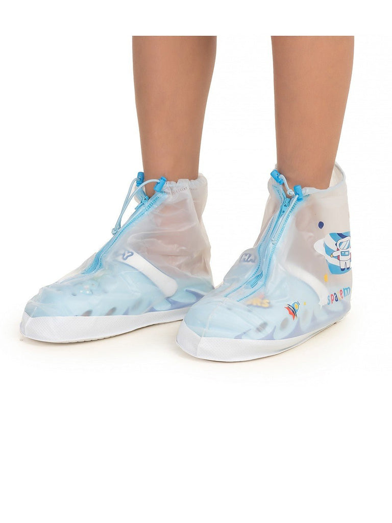 Angle view of Yellow Bee Space Explorer Transparent Rain Shoe Covers for Boys.