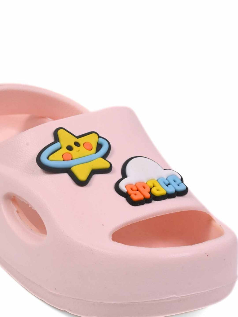 Space Fantasy Star & UFO Charm Sandals for Girls- Pink Close Up  View