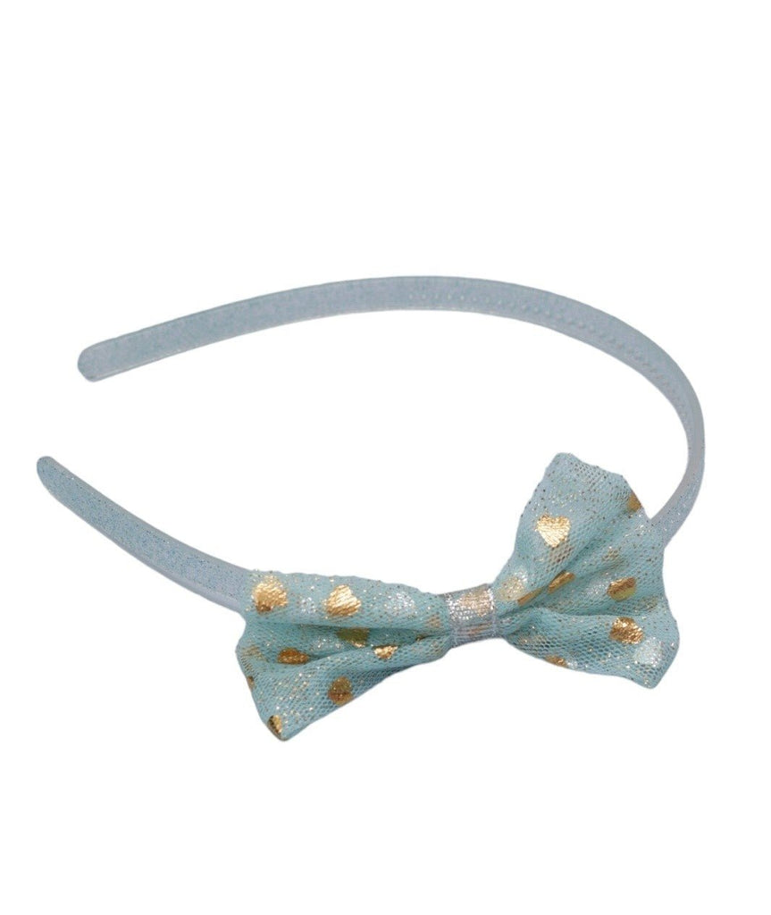 Close-up of the Yellow Bee Sparkling Bow Hair Band in Blue Color