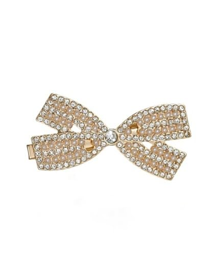 Bow golden and white hair clips featuring rhinestones by Yellow Bee