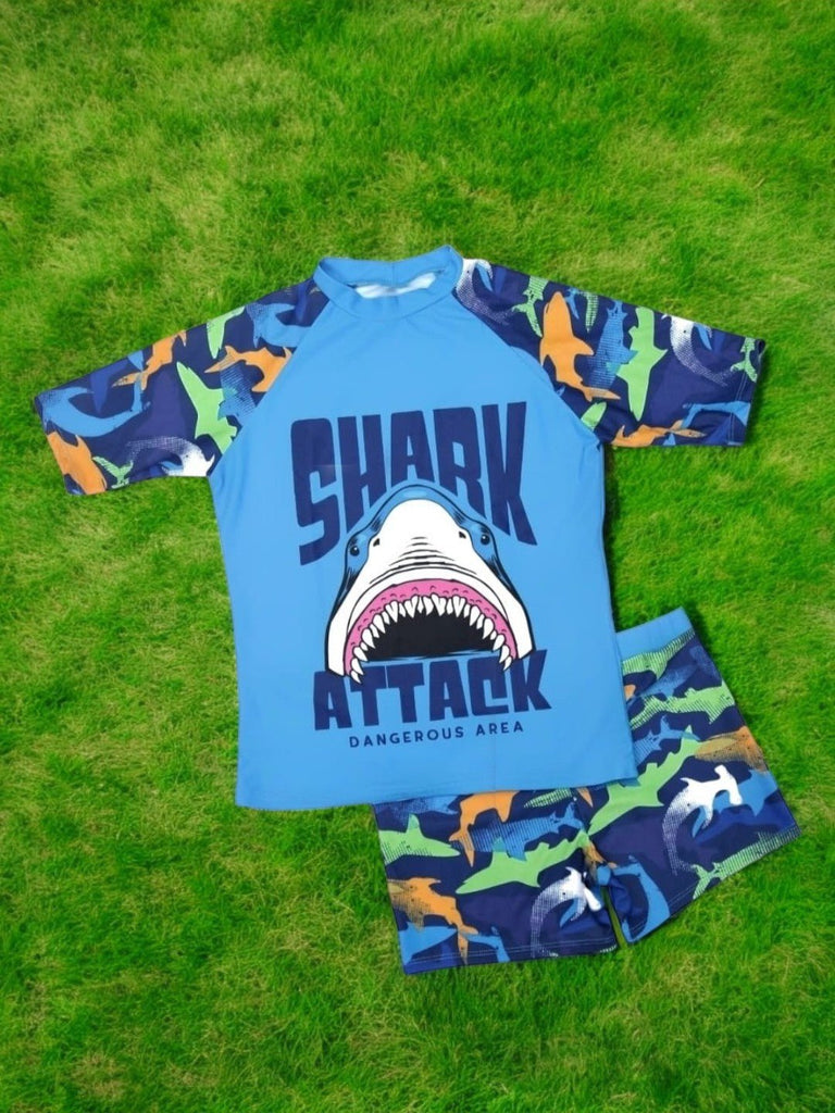 Splash into Adventure: Boys' All Over Shark Print Swimsuit