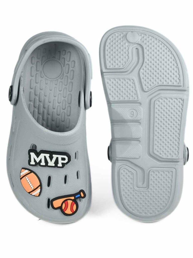 Sport-Inspired Grey Clogs with MVP,  Football, Baseball Bat and Glove Charms for Boys-Front & Back view