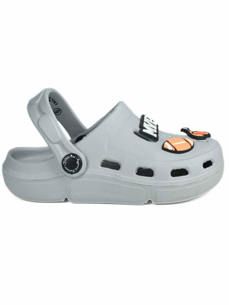 Sport-Inspired Grey Clogs with MVP,  Football, Baseball Bat and Glove Charms for Boys-Side view