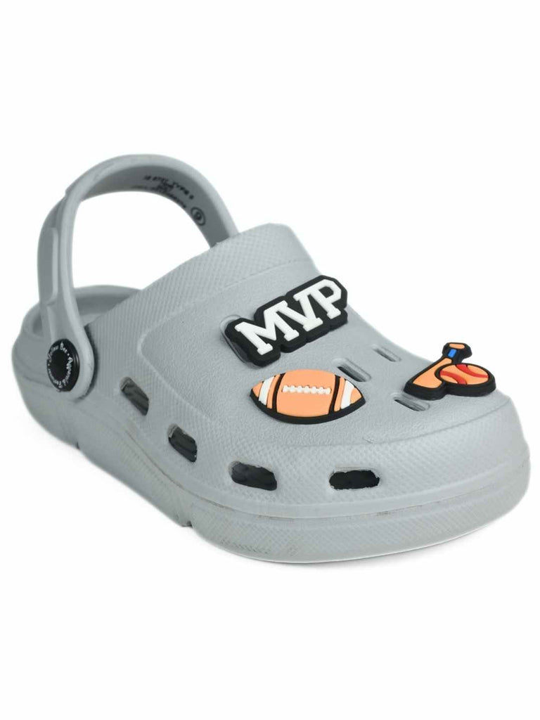 Sport-Inspired Grey Clogs with MVP,  Football, Baseball Bat and Glove Charms for Boys-Angle view