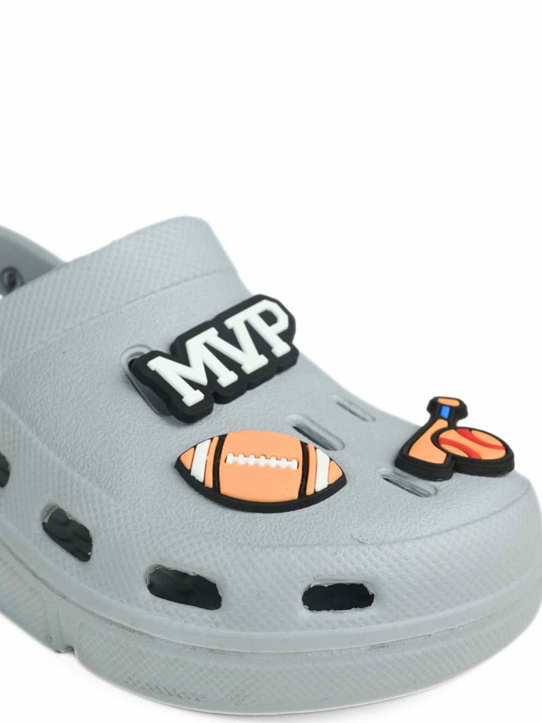 Sport-Inspired Grey Clogs with MVP,  Football, Baseball Bat and Glove Charms for Boys-Zoom view