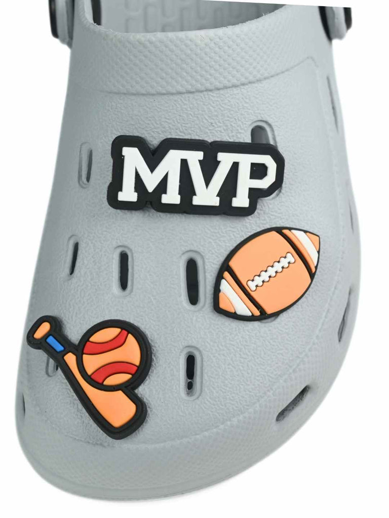 Sport-Inspired Grey Clogs with MVP,  Football, Baseball Bat and Glove Charms for Boys-Cose up view 