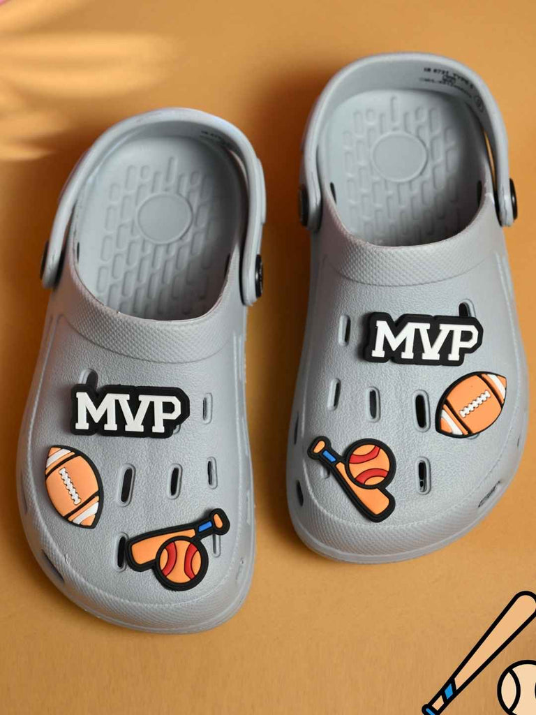 Sport-Inspired Grey Clogs with MVP,  Football, Baseball Bat and Glove Charms for Boys-Creative view