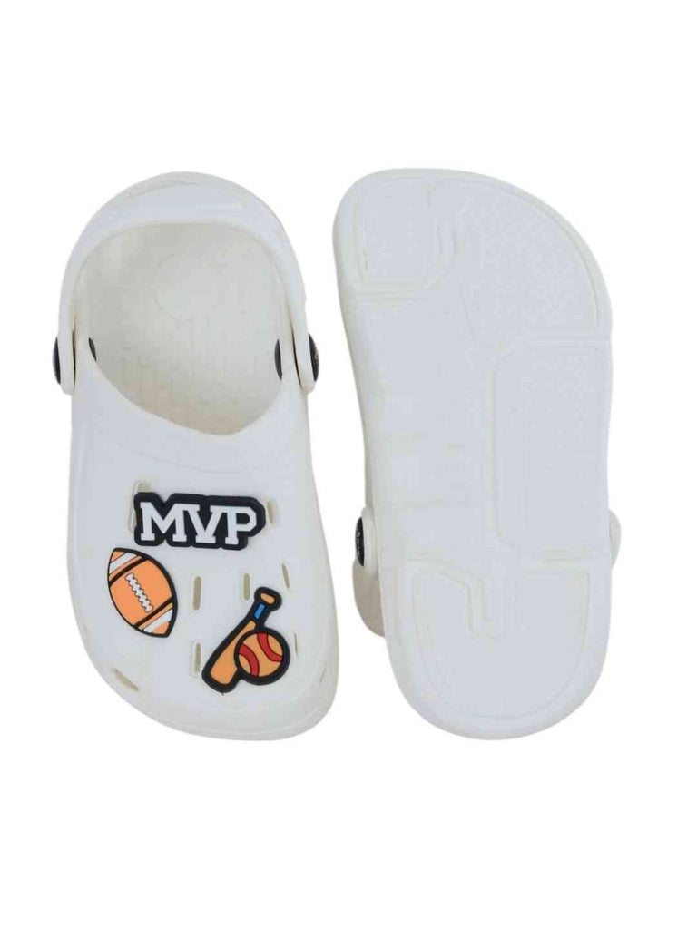 Sports-Themed White Clogs with MVP, American Football, Baseball & Bat Charms for Boys-Front & Back View