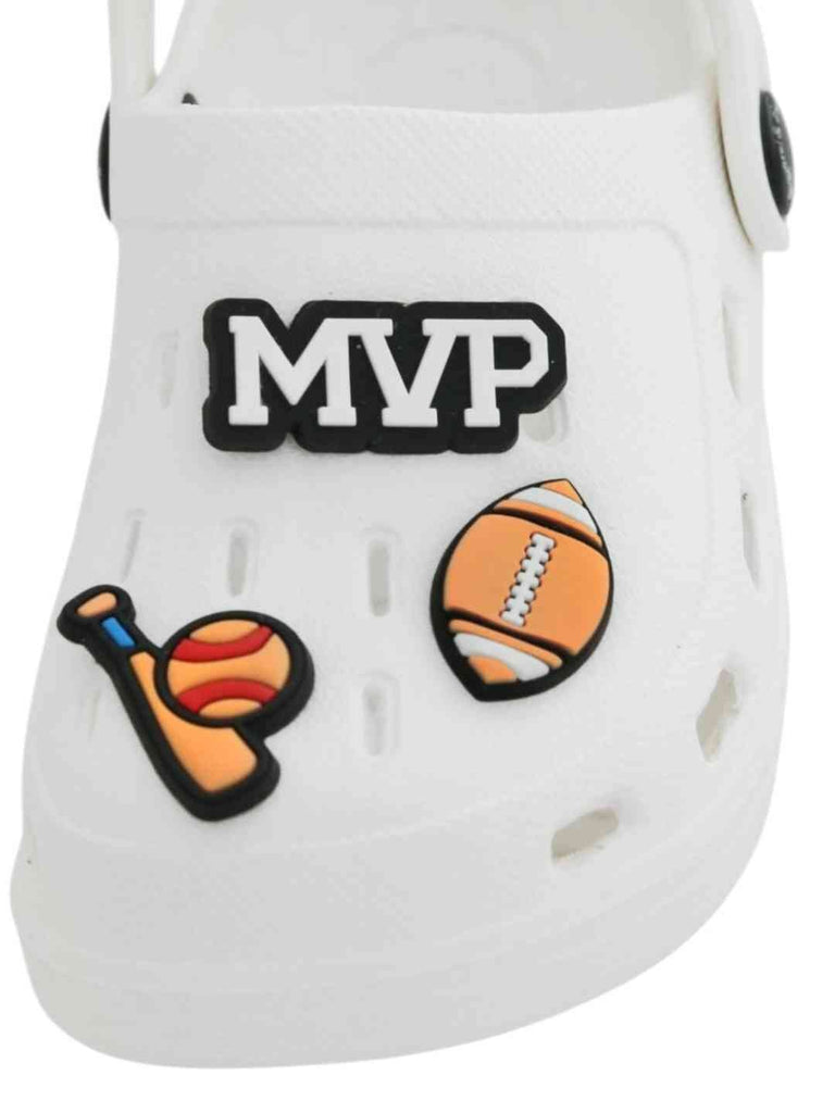 Sports-Themed White Clogs with MVP, American Football, Baseball & Bat Charms for Boys-Front View