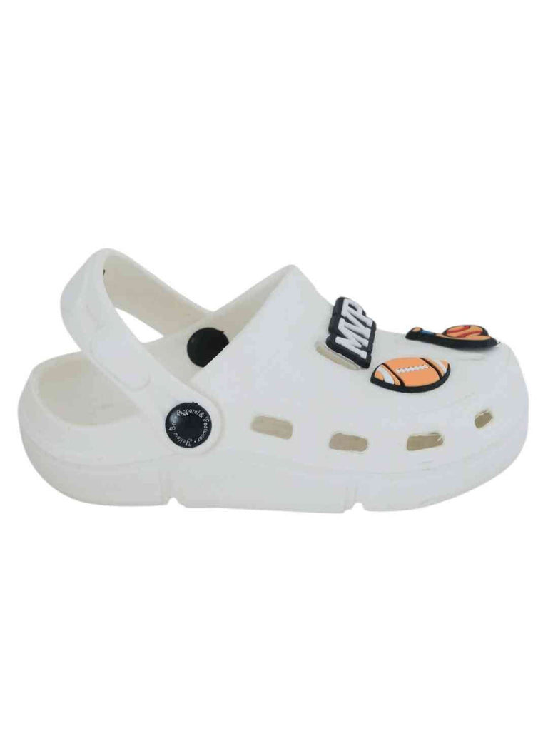 Sports-Themed White Clogs with MVP, American Football, Baseball & Bat Charms for Boys-Side View