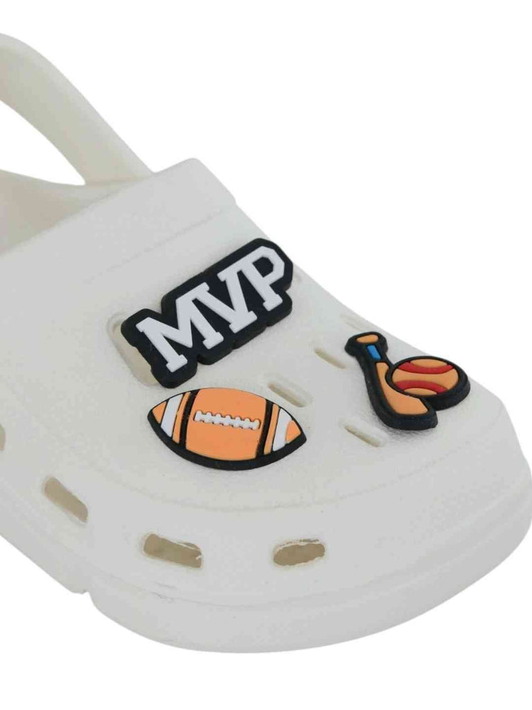 Sports-Themed White Clogs with MVP, American Football, Baseball & Bat Charms for Boys-Close up view