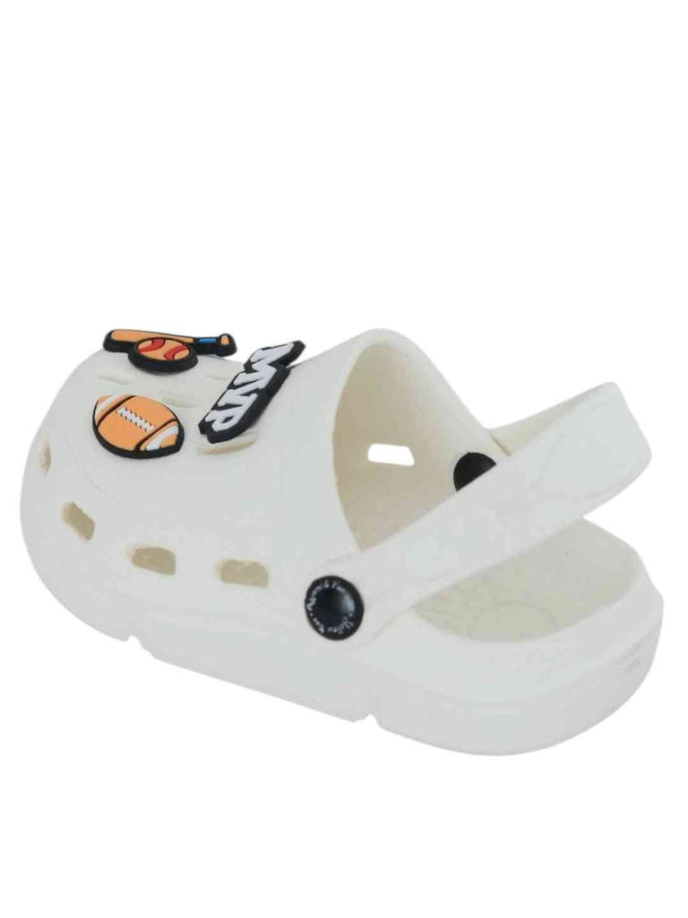 Sports-Themed White Clogs with MVP, American Football, Baseball & Bat Charms for Boys-Back View