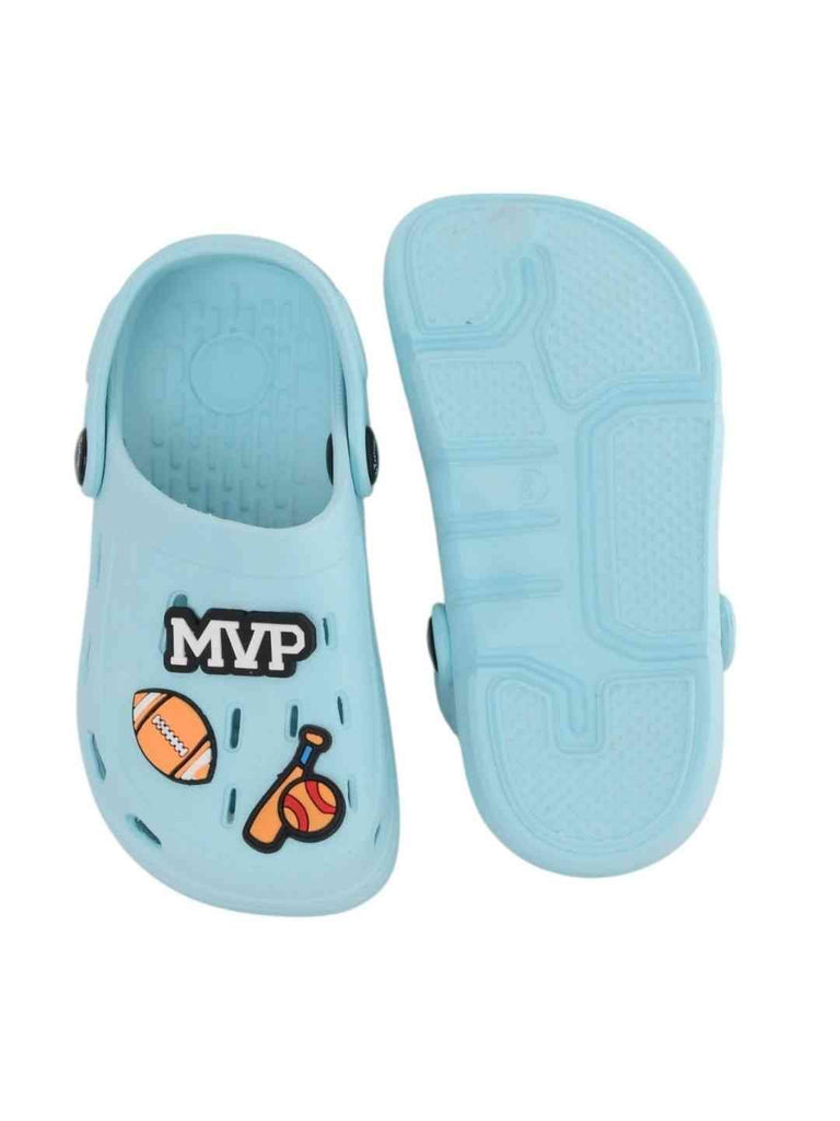 Sporty Blue Clogs with MVP, American Football, Baseball & Bat Charms for Boys-Front & Back View