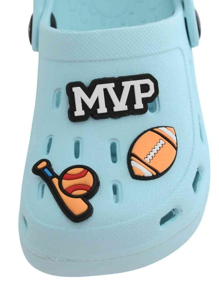 Sporty Blue Clogs with MVP, American Football, Baseball & Bat Charms for Boys-Front View