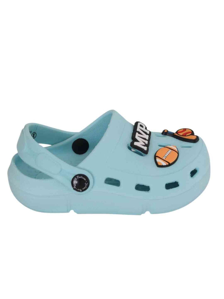 Sporty Blue Clogs with MVP, American Football, Baseball & Bat Charms for Boys-Side View