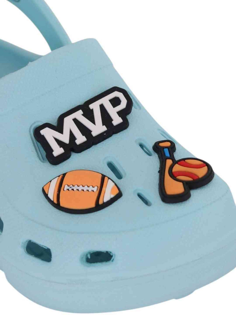 Sporty Blue Clogs with MVP, American Football, Baseball & Bat Charms for Boys-Close yup view