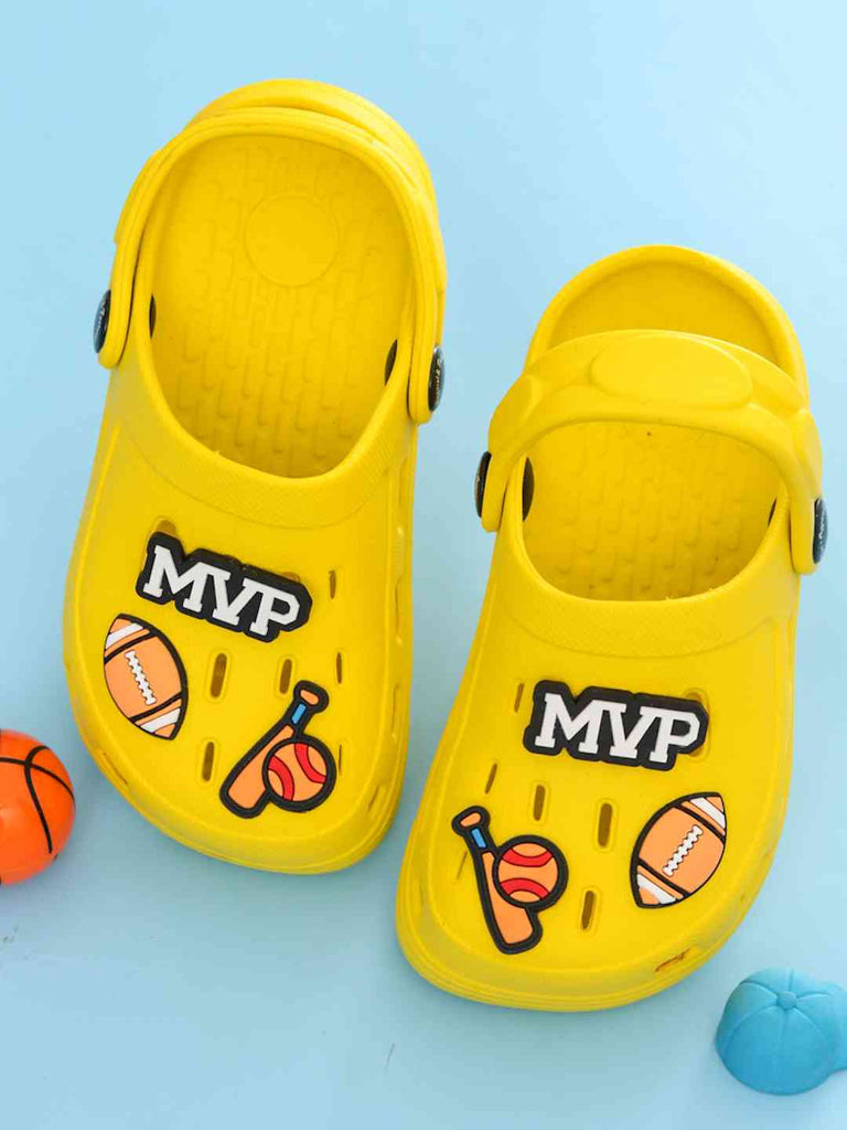 Sporty Yellow Clogs with MVP, American Football, Baseball & Bat Charms for Boys- Creative View
