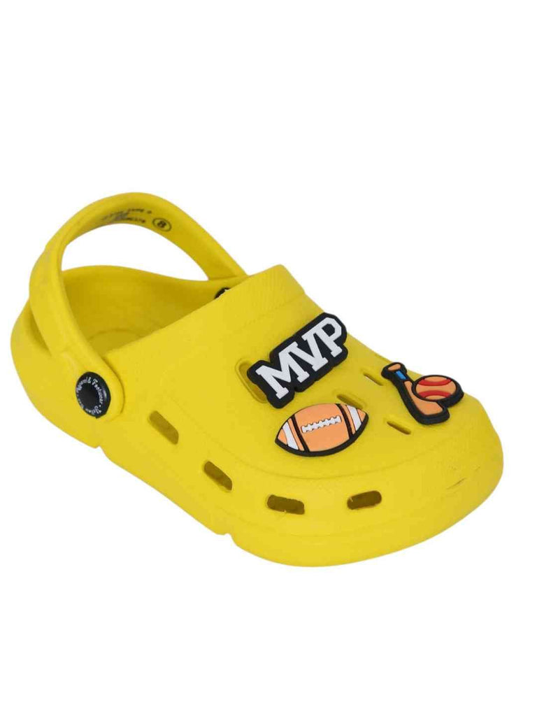 Sporty Yellow Clogs with MVP, American Football, Baseball & Bat Charms for Boys- Angle View