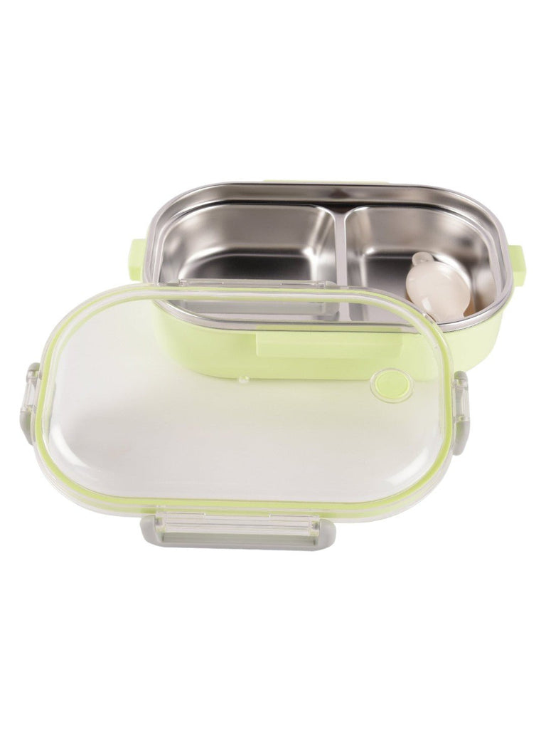 Open view of the Yellow Bee Green Stainless Steel Lunch Box with two compartments and an included spoon, highlighting its spacious interior.