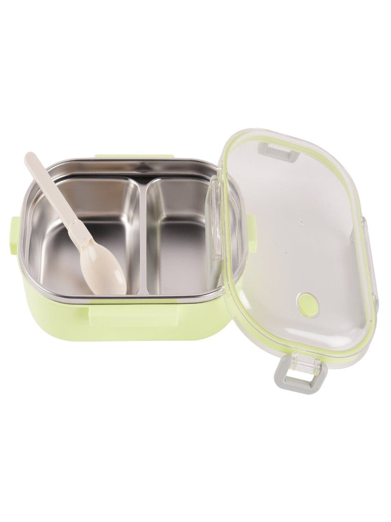 Close-up of the Yellow Bee Green Stainless Steel Lunch Box showing the leak-proof clip-lock closure and sturdy stainless steel construction.