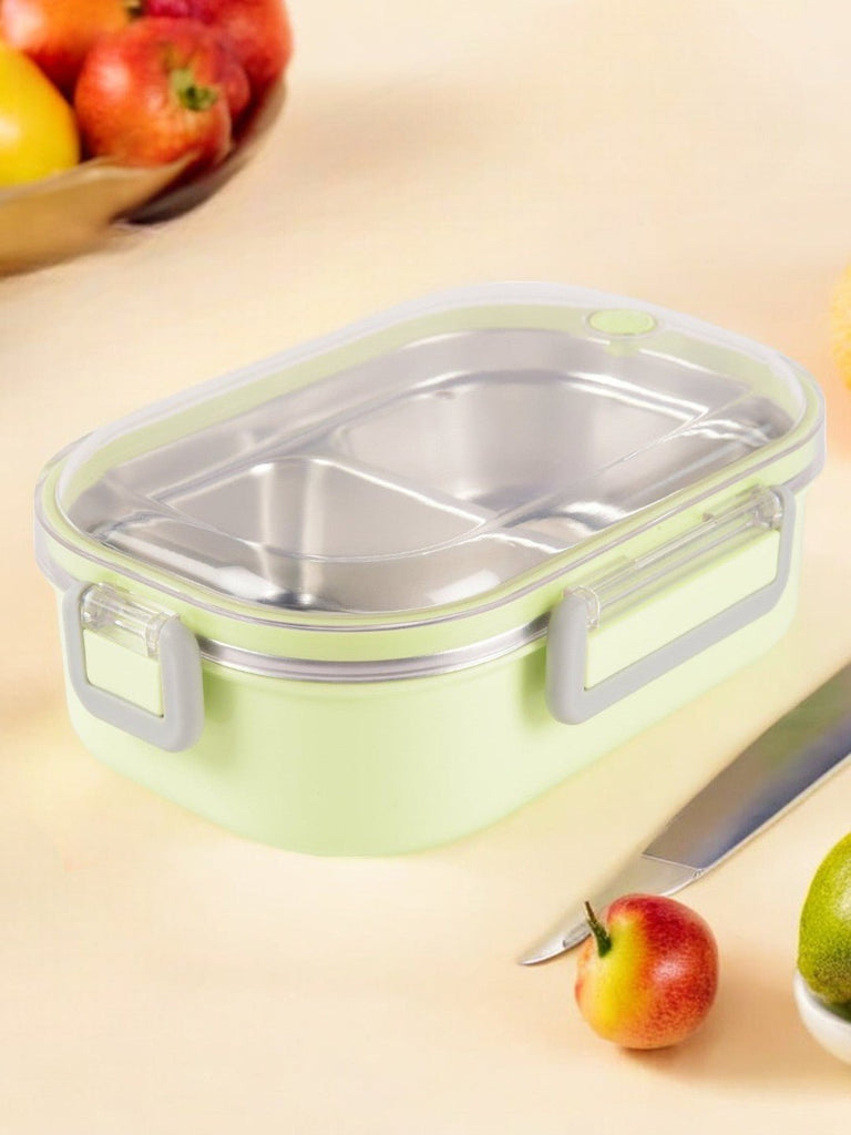 Closeup view of the Yellow Bee Green Stainless Steel Lunch Box, emphasizing its lightweight and sleek design.