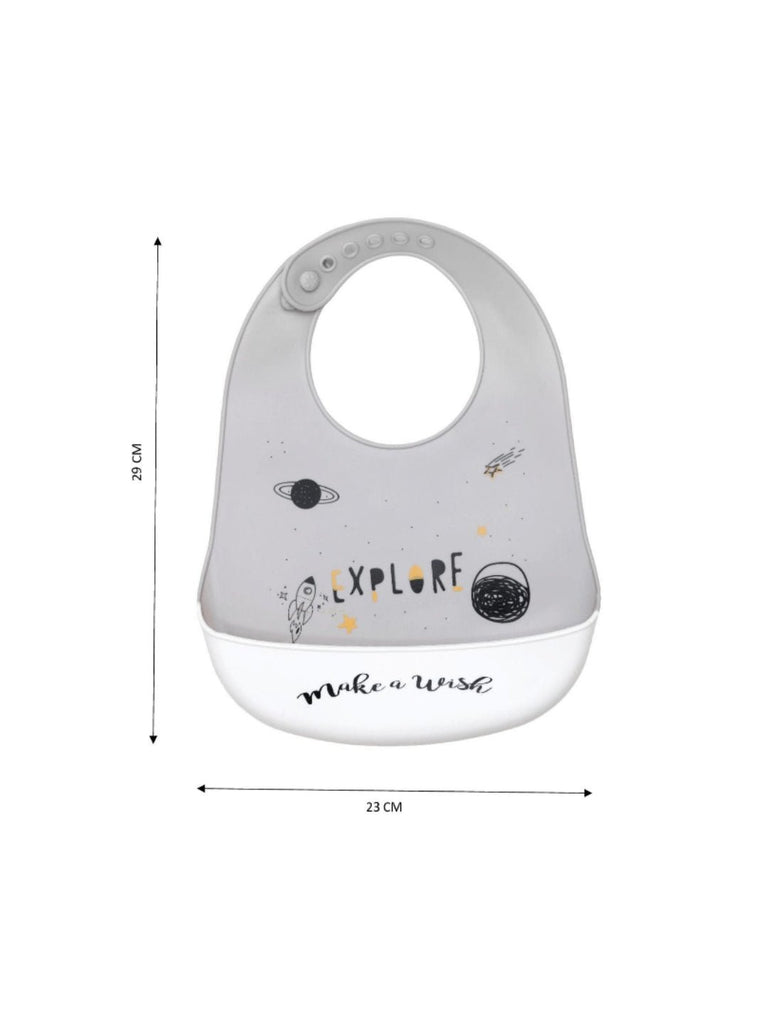 Dimensional view of Starry Night Explorer silicone baby bib, showing height and width.