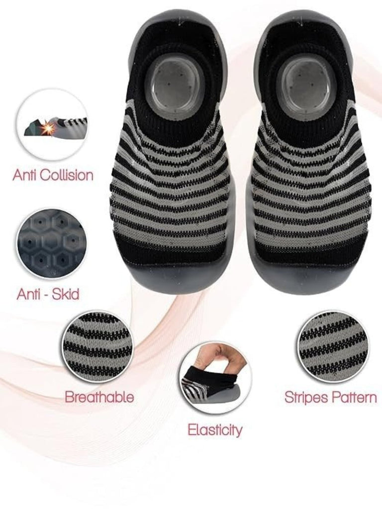 Front view of Yellow Bee Striped Anti-Skid Rubber Sole Shoe Socks for Boys highlighting key features.