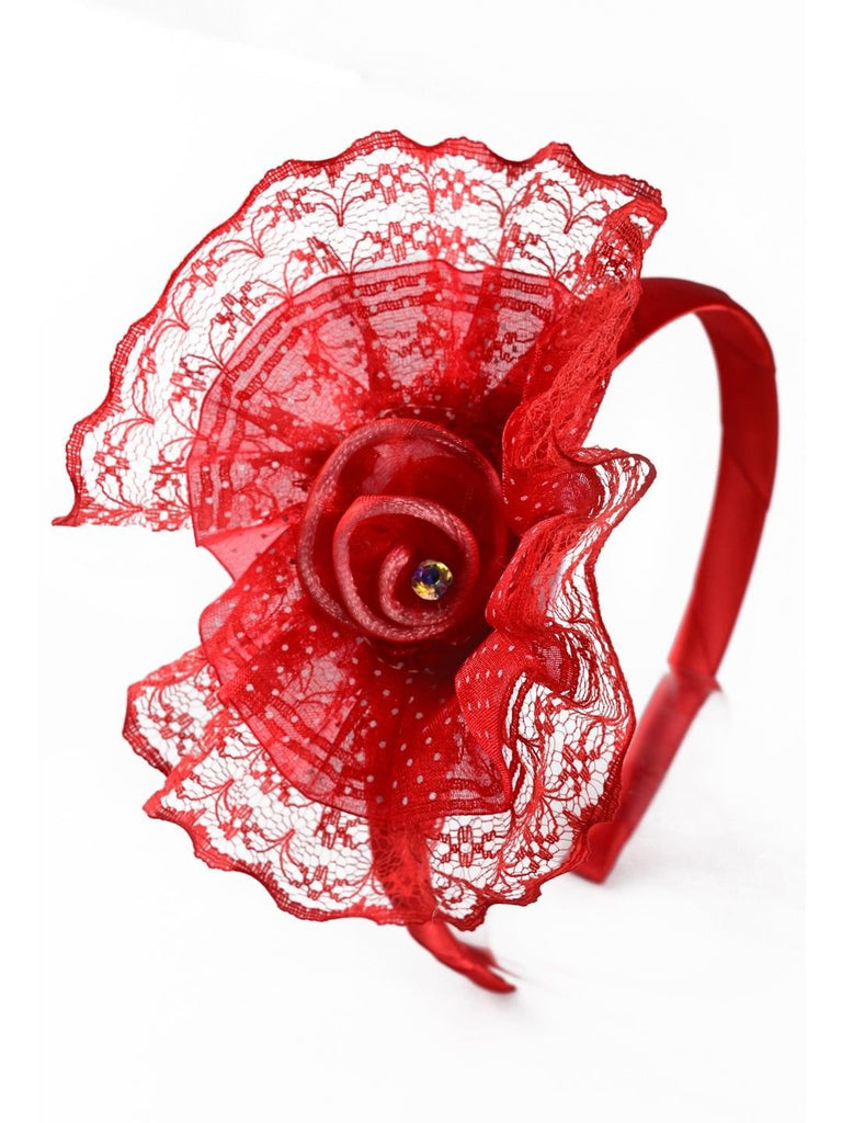 Stunning Baby Hairband with Lace Petals and Satin Rose Center-Red full view