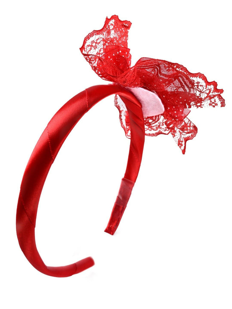 Stunning Baby Hairband with Lace Petals and Satin Rose Center-Red side view