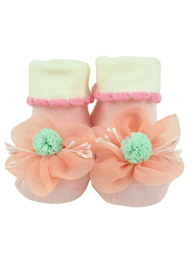 Princess Blossom Baby Girl Socks with 3D Floral Design – Peach - Front View