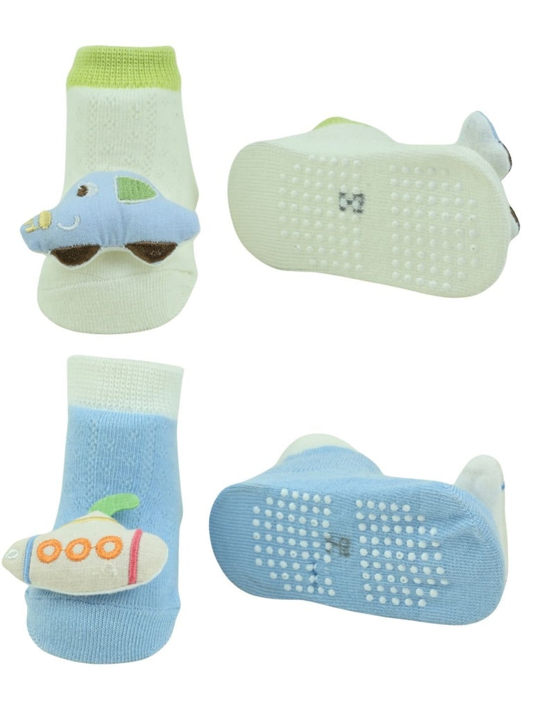 2Stylish Car & Submarine Design Doll Head Ankle Socks in Cotton Comfort for Boys - Multi - Front & Back View