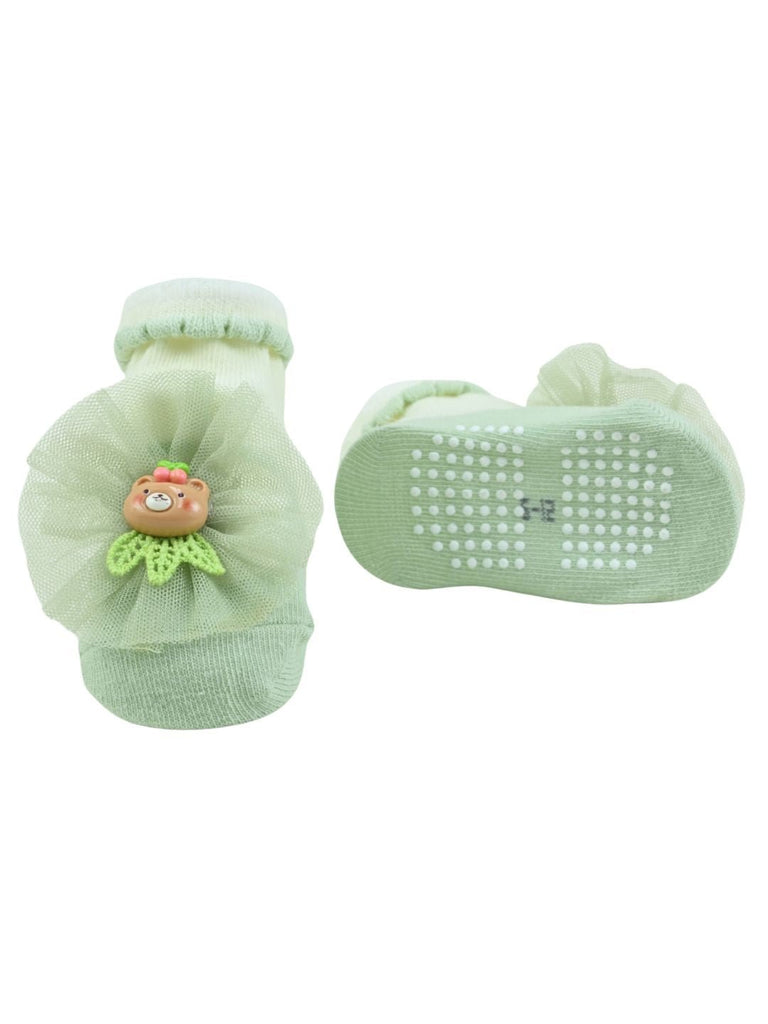 Stylish Baby Cotton Socks with Bear Charm for Girls - Green - Front & Back View