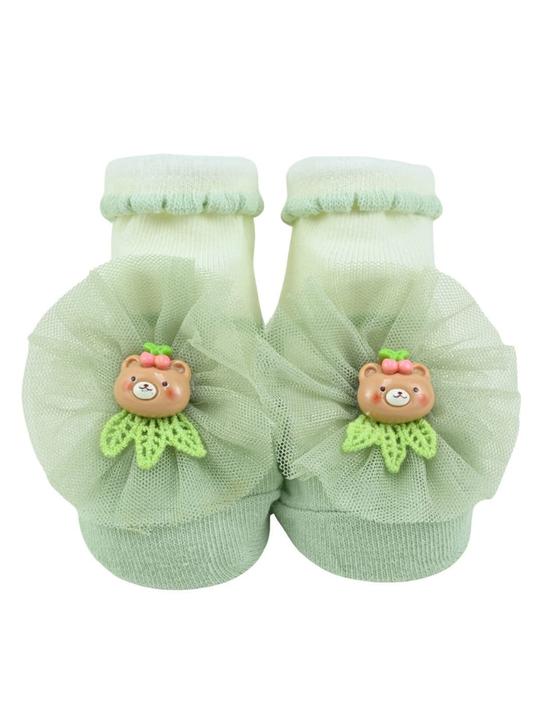 Stylish Baby Cotton Socks with Bear Charm for Girls - Green - Front View